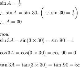\sin A =  \frac{1}{2}  \\  \therefore \: \sin A =   \sin \: 30 \degree.. \bigg( \because \: \sin \: 30 \degree =  \frac{1}{2} \bigg) \\ \therefore \: A =   30 \degree \\  \\ now \\   \sin 3A =\sin (3 \times 30 \degree)= \sin \: 90 \degree = 1 \\  \\  \cos 3A =\cos (3 \times 30 \degree)= \cos \: 90 \degree = 0\\\\ \tan 3A =\tan (3 \times 30 \degree)= \tan \: 90 \degree =  \infty
