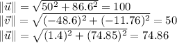 \left \| \vec{u} \right \|=\sqrt{50^{2}+86.6^2}=100\\\left \| \vec{v} \right \|=\sqrt{(-48.6)^2+(-11.76)^2}=50\\\left \| \vec{u} \right \|=\sqrt{(1.4)^2+(74.85)^2}=74.86