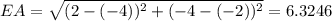 EA = \sqrt{(2 - (-4))^{2}  + (-4 - (-2))^{2} } = 6.3246