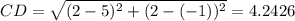 CD = \sqrt{(2 - 5)^{2}  + (2 - (-1))^{2} } = 4.2426