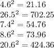 4.6^2 = 21.16 \\26.5^2 = 702.25\\7.4^2 = 54.76\\8.6^2 = 73.96\\20.6^2 = 424.36