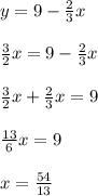 y=9-\frac{2}{3}x\\\\\frac{3}{2}x=9-\frac{2}{3}x\\\\\frac{3}{2}x+\frac{2}{3}x=9\\\\\frac{13}{6}x=9\\\\x=\frac{54}{13}