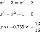 x^3+3=x^2+2 \\\\x^3-x^2+1=0 \\\\x\approx -0.755\approx -\dfrac{13}{16}