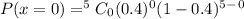 P(x=0) = ^5C_0  (0.4)^0 (1-0.4)^5^-^0