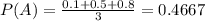 P(A) = \frac{0.1 + 0.5 + 0.8}{3} = 0.4667