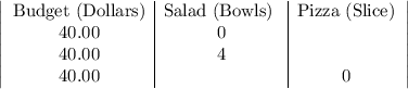 \left|\begin{array}{c|c|c}$Budget (Dollars)& $Salad (Bowls) &$Pizza (Slice)\\40.00&0&\\40.00&4&\\40.00&&0\end{array}\right|
