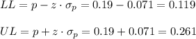 LL=p-z \cdot \sigma_p = 0.19-0.071=0.119\\\\UL=p+z \cdot \sigma_p = 0.19+0.071=0.261