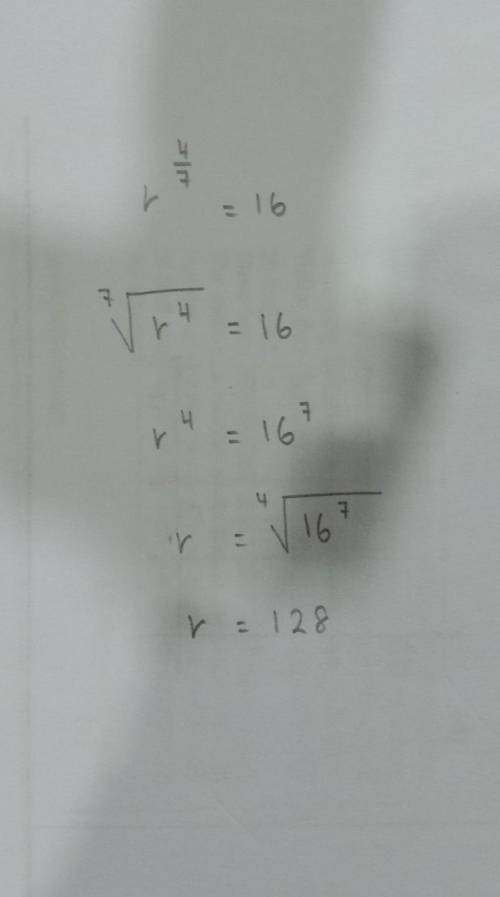 Solve the equation.
r^4/7=16