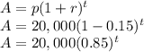 A = p( 1 + r)^t\\A = 20,000(1 - 0.15)^t\\A = 20,000(0.85)^t