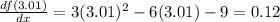 \frac{df(3.01)}{dx}=3(3.01)^2-6(3.01)-9=0.12