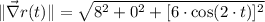 \| \vec \nabla r(t) \| = \sqrt{8^{2}+0^{2}+ [6\cdot \cos (2\cdot t)]^{2}}