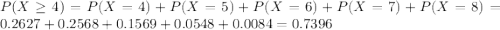 P(X \geq 4) = P(X = 4) + P(X = 5) + P(X = 6) + P(X = 7) + P(X = 8) = 0.2627 + 0.2568 + 0.1569 + 0.0548 + 0.0084 = 0.7396