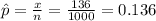 \hat p=\frac{x}{n}=\frac{136}{1000}=0.136
