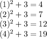 (1)^2+3=4\\(2)^2+3=7\\(3)^2+3=12\\(4)^2+3=19