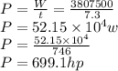 P=\frac{W}{t} =\frac{3807500}{7.3}  \\P=52.15 \times10^4w\\P=\frac{52.15 \times10^4}{746} \\P=699.1 hp