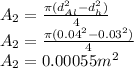 A_2 = \frac{\pi( d_{Al}^2 - d_{h}^2)}{4} \\A_2 = \frac{\pi (0.04^2 - 0.03^2) }{4}\\A_2 = 0.00055 m^2