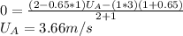 0 = \frac{(2 - 0.65*1)U_A - (1*3)(1+0.65)}{2+1}\\U_A = 3.66 m/s