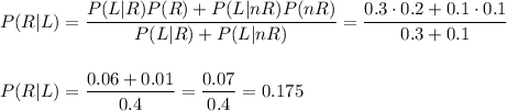 P(R | L)=\dfrac{P(L|R)P(R)+P(L|nR)P(nR)}{P(L|R)+P(L|nR)}=\dfrac{0.3\cdot0.2+0.1\cdot0.1}{0.3+0.1}\\\\\\P(R | L)=\dfrac{0.06+0.01}{0.4}=\dfrac{0.07}{0.4}=0.175