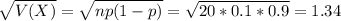 \sqrt{V(X)} = \sqrt{np(1-p)} = \sqrt{20*0.1*0.9} = 1.34