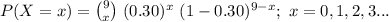 P(X=x)={9\choose x}\ (0.30)^{x}\ (1-0.30)^{9-x};\ x=0,1,2,3...