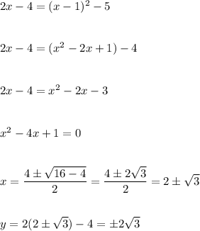 2x-4=(x-1)^2-5 \\\\\\2x-4=(x^2-2x+1)-4 \\\\\\2x-4=x^2-2x-3 \\\\\\x^2-4x+1=0 \\\\\\x=\dfrac{4\pm\sqrt{16-4}}{2}=\dfrac{4\pm2\sqrt{3}}{2}=2\pm\sqrt{3} \\\\\\y=2(2\pm\sqrt{3})-4=\pm 2\sqrt{3}