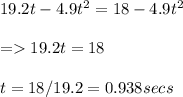 19.2t - 4.9t^2 = 18 - 4.9t^2\\\\= 19.2t = 18\\\\t = 18/19.2 = 0.938 secs