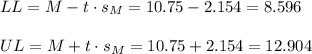 LL=M-t \cdot s_M = 10.75-2.154=8.596\\\\UL=M+t \cdot s_M = 10.75+2.154=12.904