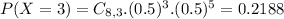 P(X = 3) = C_{8,3}.(0.5)^{3}.(0.5)^{5} = 0.2188
