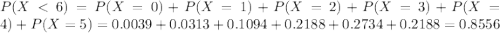 P(X < 6) = P(X = 0) + P(X = 1) + P(X = 2) + P(X = 3) + P(X = 4) + P(X = 5) = 0.0039 + 0.0313 + 0.1094 + 0.2188 + 0.2734 + 0.2188 = 0.8556