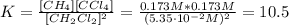 K = \frac{[CH_{4}][CCl_{4}]}{[CH_{2}Cl_{2}]^{2}} = \frac{0.173 M*0.173 M}{(5.35 \cdot 10^{-2} M)^{2}} = 10.5