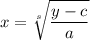 \displaystyle x=  \sqrt[s]{\frac{y-c}{a}}