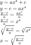 y = a {x}^{s}  + c \\ y - c = a {x}^{s}  \\  \frac{y - c}{a}  =  \frac{a {x}^{s} }{a}  \\   \frac{y - c}{a}  =  {x}^{s}  \\  \sqrt[s]{  \frac{y - c}{a}  } =  \sqrt[s]{ {x}^{s} }  \\  x=  \sqrt[s]{  \frac{y - c}{a}  }