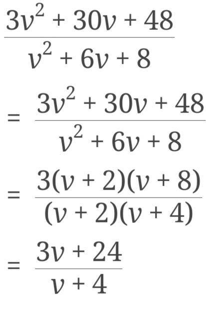 Simplify: 3v^2 + 30v + 48 divided by v^2 + 6v + 8