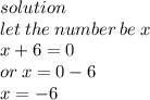 solution \\ let \: the \: number \: be \: x \\ x + 6 = 0 \\ or \: x = 0 - 6 \\ x =  - 6