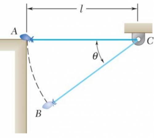 A bag is gently pushed off the top of a wall at A and swings in a vertical plane at the end of a rop