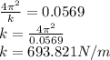 \frac{4\pi^2}{k}=0.0569\\k= \frac{4\pi^2}{0.0569}\\k=693.821N/m