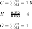 C=\frac{0.095}{0.063}=1.5\\ \\H=\frac{0.252}{0.063}=4\\ \\O=\frac{0.063}{0.063}=1