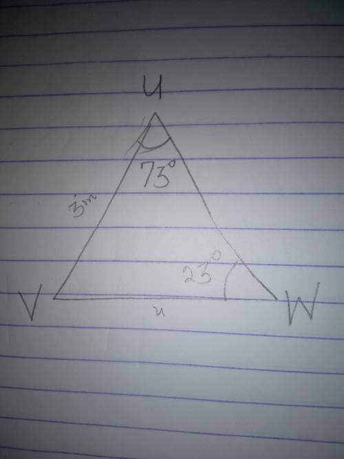 In ΔUVW, w = 3 inches, ∠W=23° and ∠U=73°. Find the length of u, to the nearest 10th of an inch.