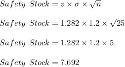 Safety \:\: Stock = z \times \sigma \times \sqrt{n} \\\\Safety \:\: Stock = 1.282 \times 1.2 \times \sqrt{25} \\\\Safety \:\: Stock = 1.282 \times 1.2 \times 5 \\\\Safety \:\: Stock = 7.692\\\\