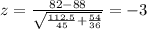 z=\frac{82-88}{\sqrt{\frac{112.5}{45}+\frac{54}{36}  } }=-3