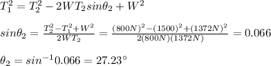 T_1^2=T_2^2-2WT_2sin\theta_2+W^2\\\\sin\theta_2=\frac{T_2^2-T_1^2+W^2}{2WT_2}=\frac{(800N)^2-(1500)^2+(1372N)^2}{2(800N)(1372N)}=0.066\\\\\theta_2=sin^{-1}0.066=27.23\°