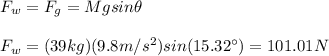 F_w=F_g=Mgsin\theta\\\\F_w=(39kg)(9.8m/s^2)sin(15.32\°)=101.01N