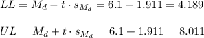 LL=M_d-t \cdot s_{M_d} = 6.1-1.911=4.189\\\\UL=M_d+t \cdot s_{M_d} = 6.1+1.911=8.011