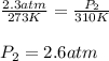 \frac{2.3atm}{273K}=\frac{P_2}{310K}\\\\P_2=2.6atm