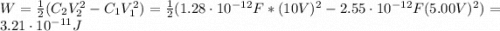 W = \frac{1}{2}(C_{2}V_{2}^{2} - C_{1}V_{1}^{2}) = \frac{1}{2}(1.28 \cdot 10^{-12} F*(10 V)^{2} - 2.55 \cdot 10^{-12} F(5.00 V)^{2}) = 3.21 \cdot 10^{-11} J