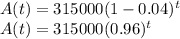 A(t)=315000(1-0.04)^t\\A(t)=315000(0.96)^t\\