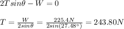 2Tsin\theta-W=0\\\\T=\frac{W}{2sin\theta}=\frac{225.4N}{2sin(27.48\°)}=243.80N