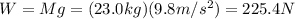 W=Mg=(23.0kg)(9.8m/s^2)=225.4N
