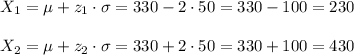 X_1=\mu+z_1\cdot\sigma=330-2\cdot 50=330-100=230\\\\ X_2=\mu+z_2\cdot\sigma=330+2\cdot 50=330+100=430