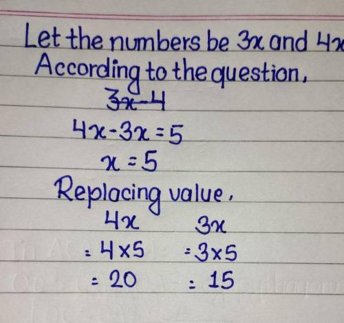 The difference of two numbers is 5, the numbers are in the ratio 3:4. So the numbers are 15 and 20 T